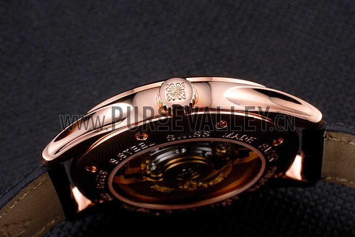 Swiss Patek Philippe Calatrava Black Dial Rose Gold Case Black Leather Strap