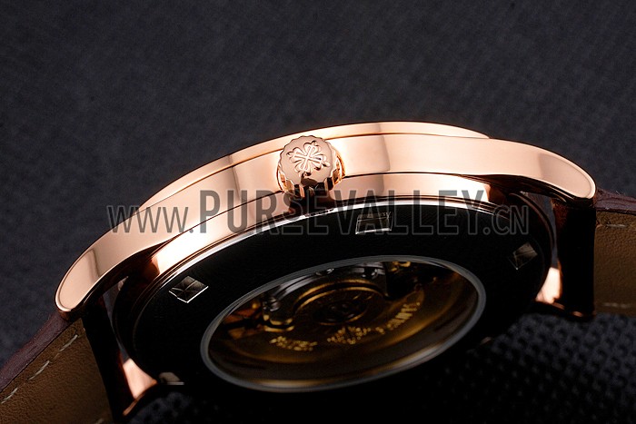 Swiss Patek Philippe Calatrava White Dial Rose Gold Case Brown Leather Strap
