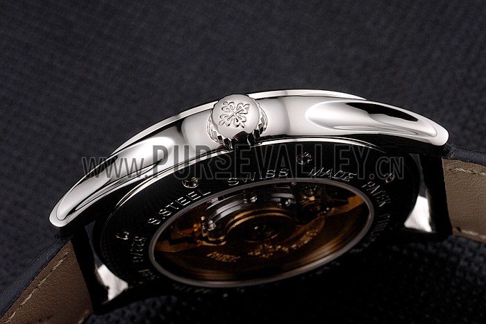 Swiss Patek Philippe Calatrava Black Dial Stainless Steel Case Black Leather Strap