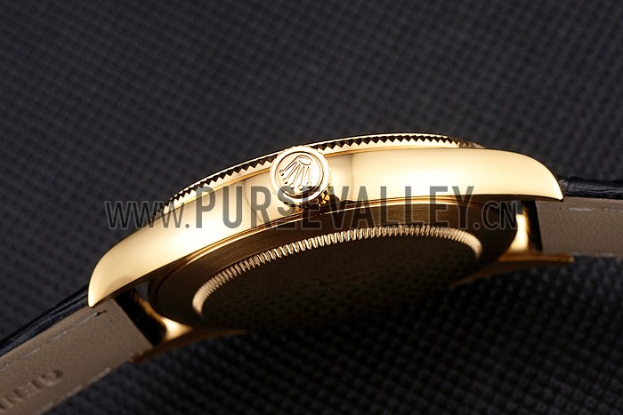 Swiss Rolex Datejust Black Dial Gold Case Black Leather Strap