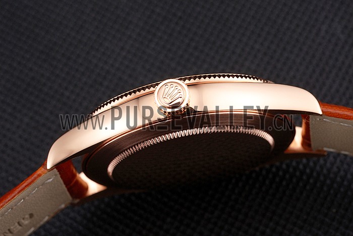 Swiss Rolex Cellini White Dial Rose Gold Case Brown Leather Strap