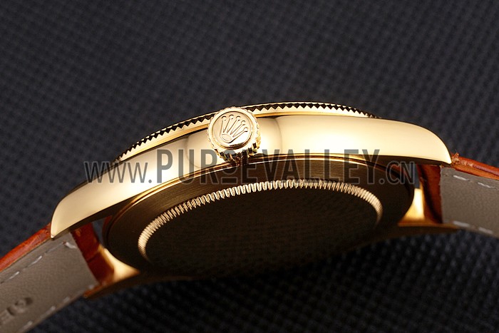 Swiss Rolex Datejust White Dial Gold Case Light Brown Leather Strap