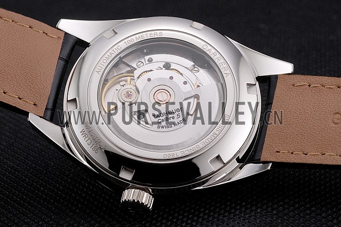 Swiss Tag Heuer Carrera Calibre 5 Black Dial Stainless Steel Case Black Leather Strap