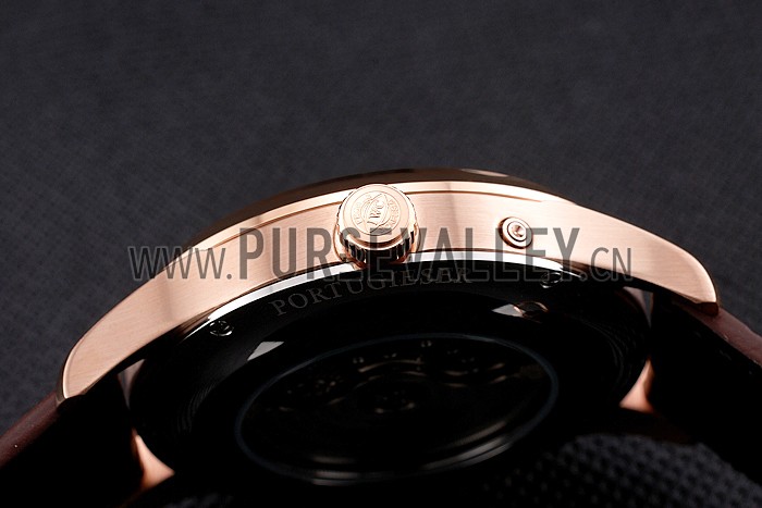 Swiss IWC Portugieser Perpetual Calendar White Dial Rose Gold Case Brown Leather Strap