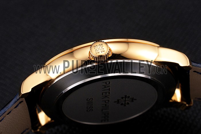 Patek Philippe Calatrava Date Blue Guilloche Dial Gold Case Blue Leather Strap