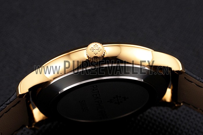 Patek Philippe Calatrava White Embossed Dial Gold Case Black Leather Strap