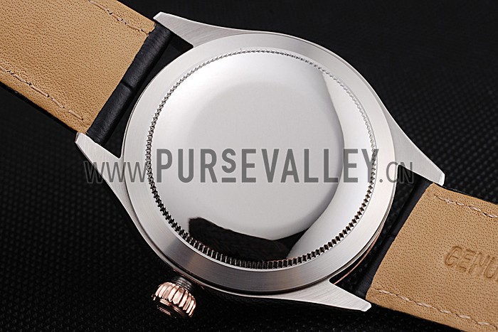 Rolex Cellini Blue Dial Gold Bezel Stainless Steel Case Black Leather Strap 622841