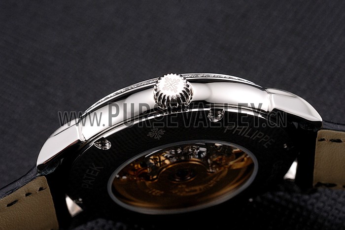 Swiss Patek Philippe Complications Openworked Dial Diamond Bezel Stainless Steel Case Black Leather Strap