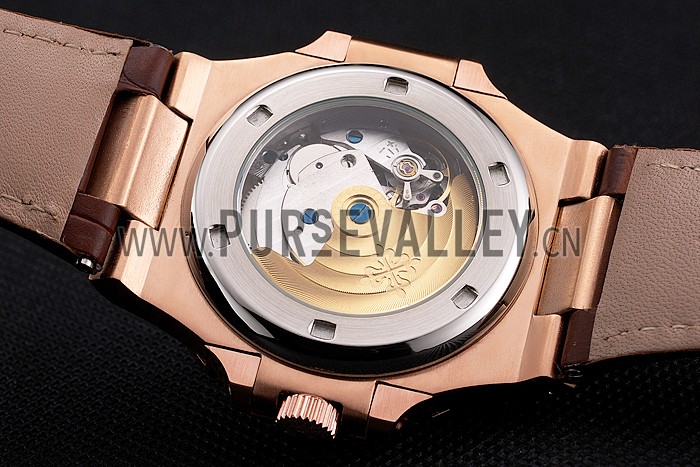 Patek Philippe Nautilus White Dial Rose Gold Case Brown Leather Strap