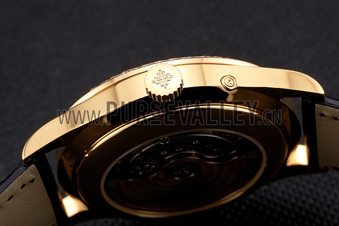 Swiss Patek Philippe Grand Complications Power Reserve Gold Dial And Case Diamond Bezel Black Leather Strap