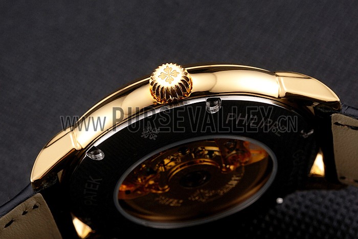Swiss Patek Philippe Complications Openworked Dial Gold Case Black Leather Strap
