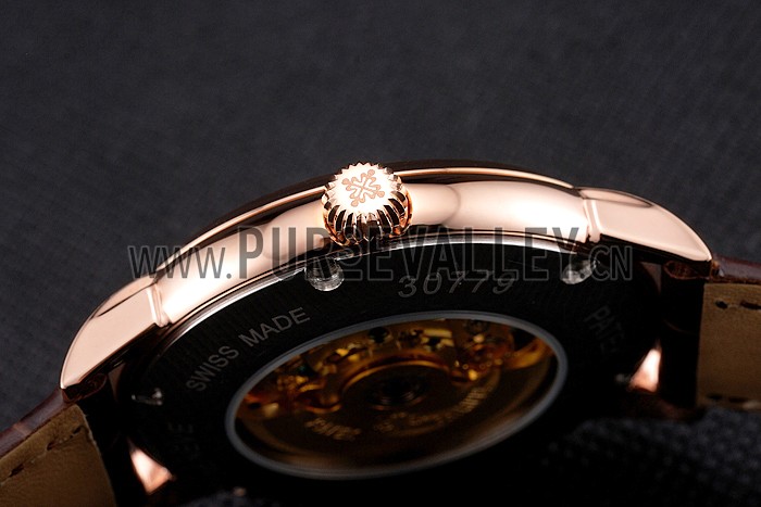 Swiss Patek Philippe Complications Openworked Dial Rose Gold Case Brown Leather Strap