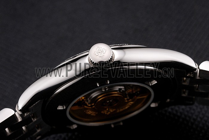 Swiss Patek Philippe Calatrava Black Openworked Dial Diamond Bezel Stainless Steel Case And Bracelet