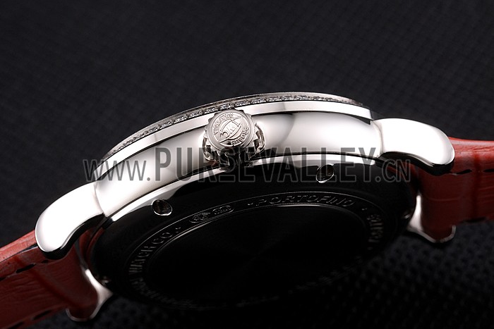 IWC Portofino Moon Phase Mother Of Pearl Dial Stainless Steel Case Diamonds Bezel Pink Leather Strap