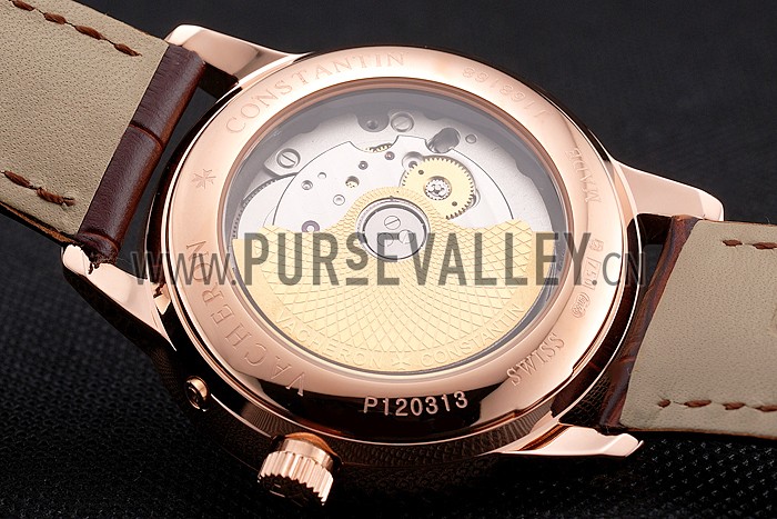 Swiss Vacheron Constantin Traditionnelle Power Reserve Rose Gold Dial And Case Diamond Bezel Brown Leather Strap