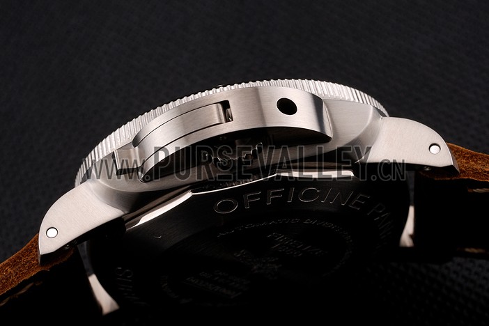 Swiss Panerai Submersible Left Handed Black Embossed Case Stainless Steel Case Brown Leather Strap