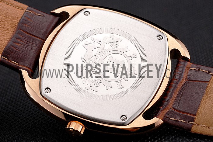Hermes Dressage White Dial Rose Gold Case Brown Leather Strap