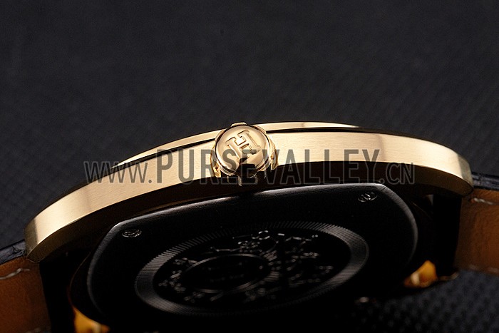 Hermes Dressage Blue Dial Gold Case Black Leather Strap