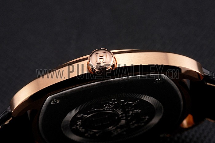 Hermes Dressage Light Brown Dial Rose Gold Case Black Leather Strap