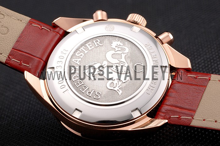 Omega Speedmaster White Dial Rose Gold Case Diamond Bezel Red Leather Strap