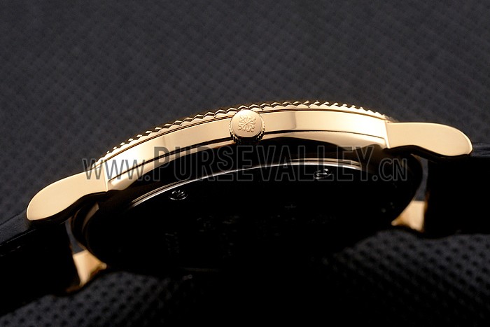 Patek Philippe Calatrava Black Dial Roman Numerals Ribbed Bezel Gold Case Black Leather Strap