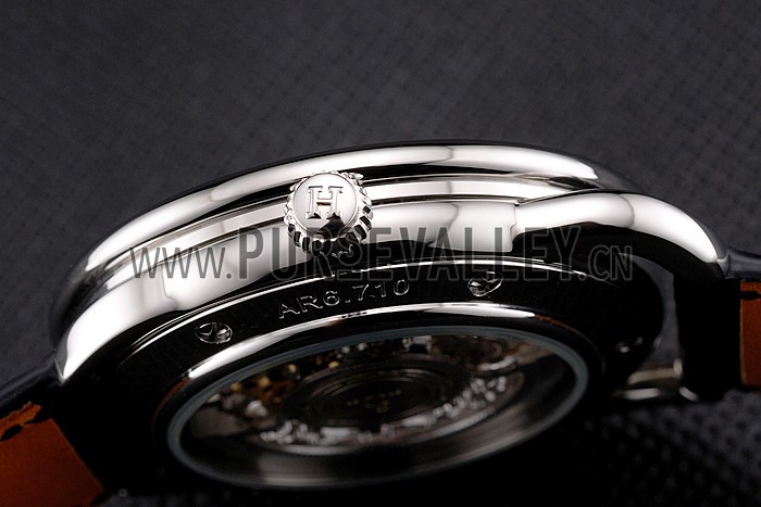 Swiss Hermes Arceau Skeleton Black Dial Blue Hands Stainless Steel Case Black Leather Strap