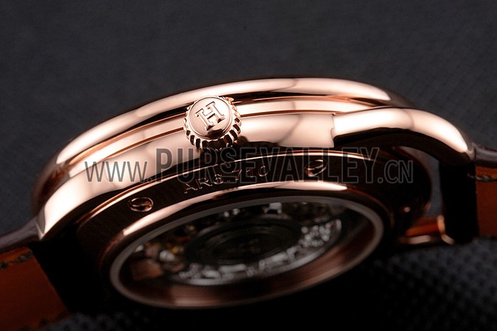 Swiss Hermes Arceau Skeleton Black Dial Brown Hands Rose Gold Case Brown Leather Strap