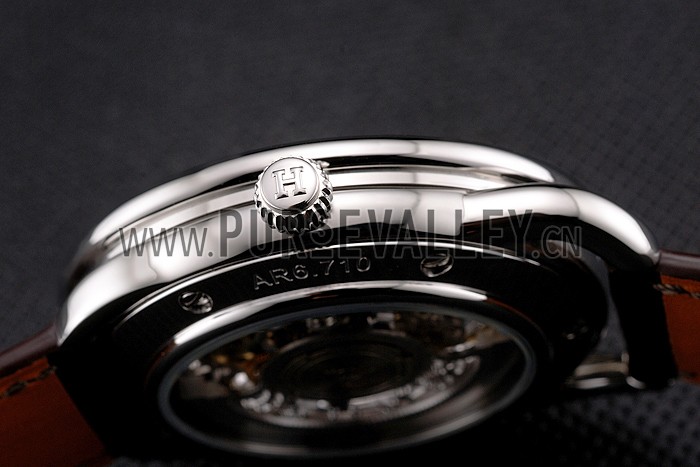 Swiss Hermes Arceau Skeleton Brown Dial Blue Hands Stainless Steel Case Brown Leather Strap