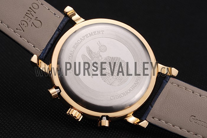 Omega Seamaster Vintage Chronograph White Dial Diamond Hour Marks Gold Case Blue Leather Strap