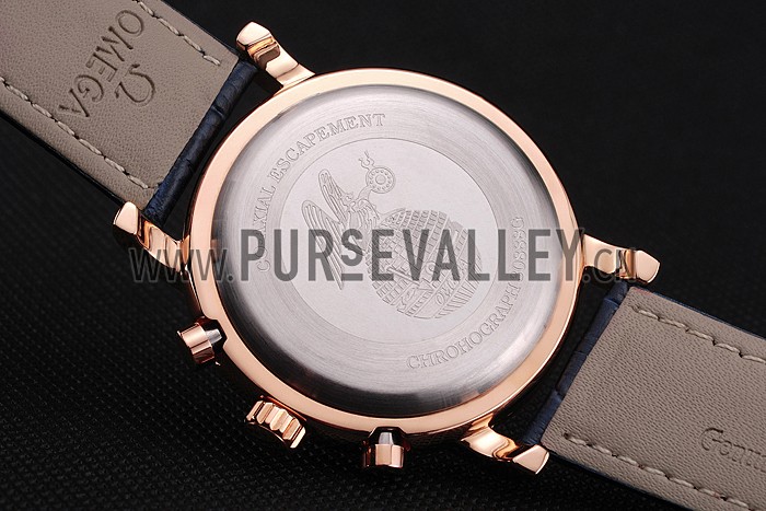 Omega Seamaster Vintage Chronograph White Dial Blue Hour Marks Rose Gold Case Blue Leather Strap