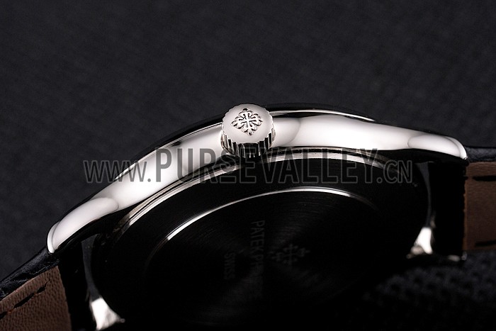 Patek Philippe Calatrava White Dial Roman Numerals Stainless Steel Case Black Leather Strap