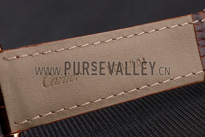 Swiss Cartier Rotonde Annual Calendar Black Dial Rose Gold Case Brown Leather Strap