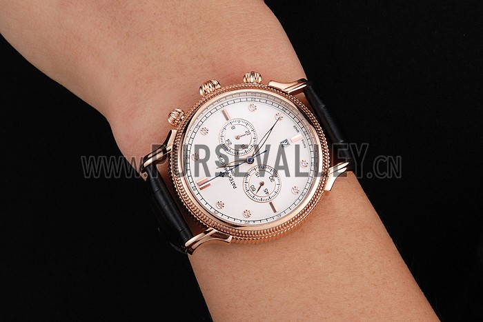 Patek Philippe Chronograph White Dial With Diamonds Rose Gold Case Black Leather Strap