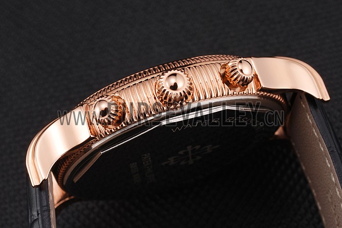 Patek Philippe Chronograph White Dial Blue Markings Rose Gold Case Black Leather Strap