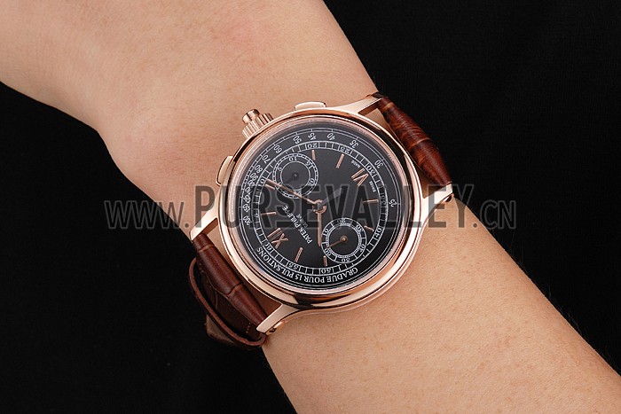 Swiss Patek Philippe 5170J Chronograph Black Dial Rose Gold Case Brown Leather Strap