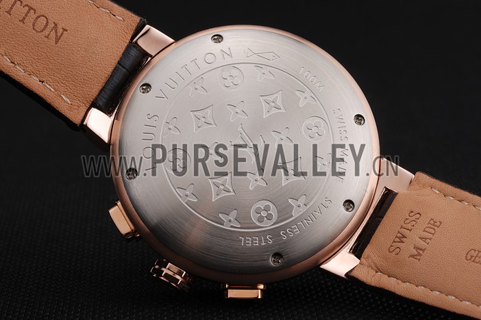 Louis Vuitton Tambour Chronograph Black Dial Rose Gold Case Black Leather Strap
