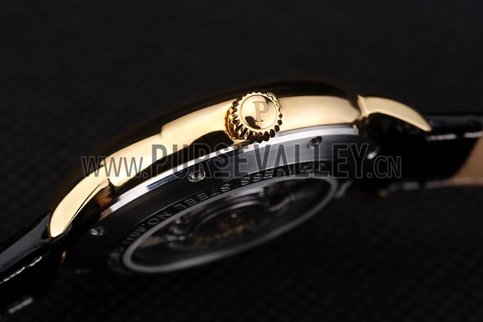 Piaget Swiss Traditional White Radial Pattern Dial Black Leather Strap 7635