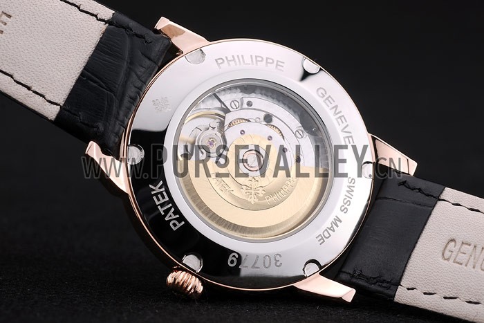 Patek Philippe Swiss Calatrava Ribbed Bezel Black Dial Black Leather Strap 7651