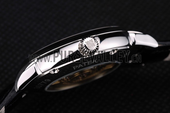 Patek Philippe Swiss Calatrava Ribbed Bezel Black Dial Black Leather Strap 7661