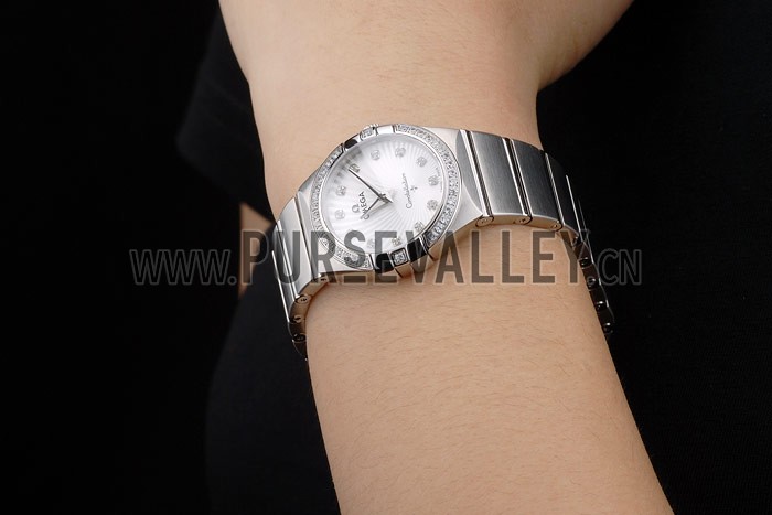 Swiss Lady Omega Constellation Crystal Encrusted Bezel Silver Radial Dial 80291