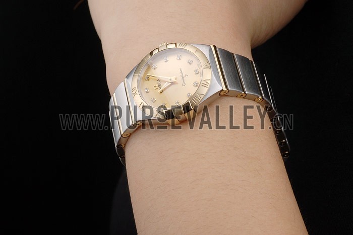 Swiss Lady Omega Constellation Stainless Steel Bracelet Golden Dial 80292