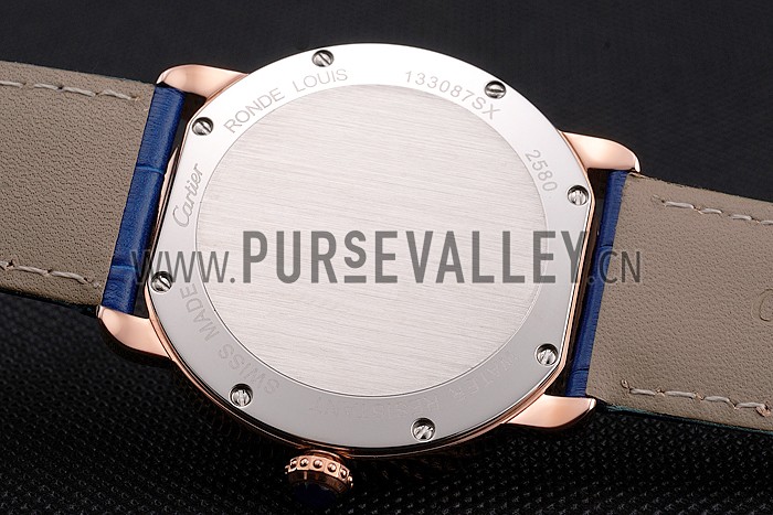 Cartier Ronde Louis Cartier Blue Dial Gold Case Diamond Bezel Blue Leather Strap