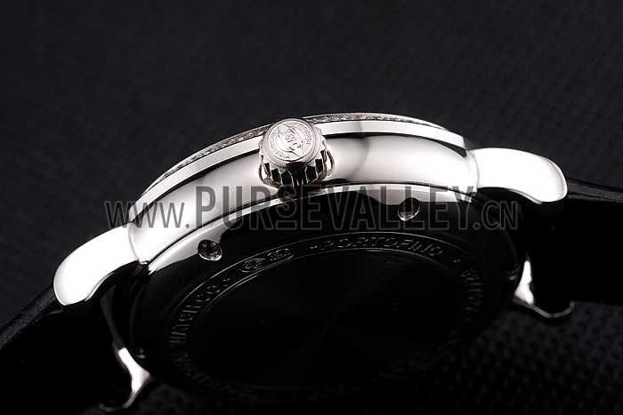 IWC Portofino Moon Phase Black Dial With Diamonds Stainless Steel Case Diamonds Bezel Black Leather Strap