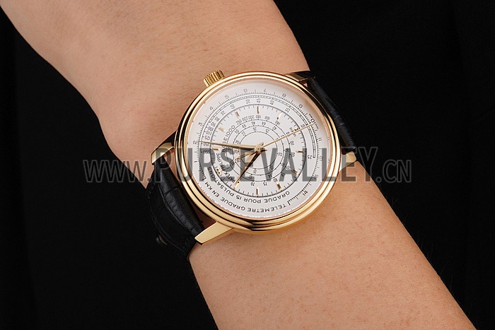Swiss Patek Philippe Multi-Scale Chronograph White Dial Gold Case Black Leather Strap