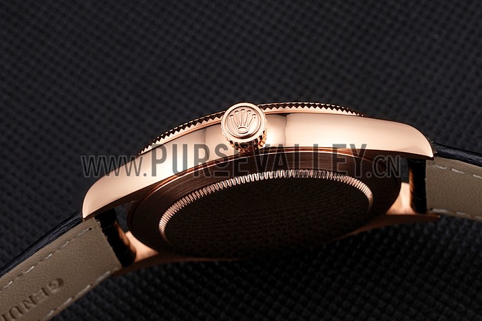 Swiss Rolex Cellini Date Black Dial Rose Gold Markings Rose Gold Case Black Leather Strap