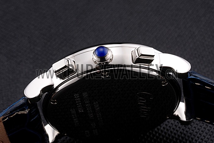 Cartier Rotonde Chronograph Black Dial Stainless Steel Case Blue Leather Strap