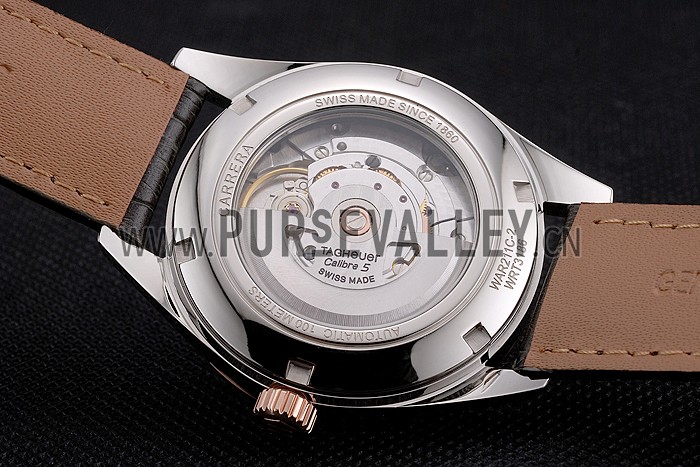 Swiss Tag Heuer Carrera Calibre 5 Gray Dial Rose Gold Case Black Leather Strap