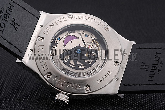 Hublot Classic Fusion Diamond Skull Dial Stainless Steel Case Black Leather Strap 622814