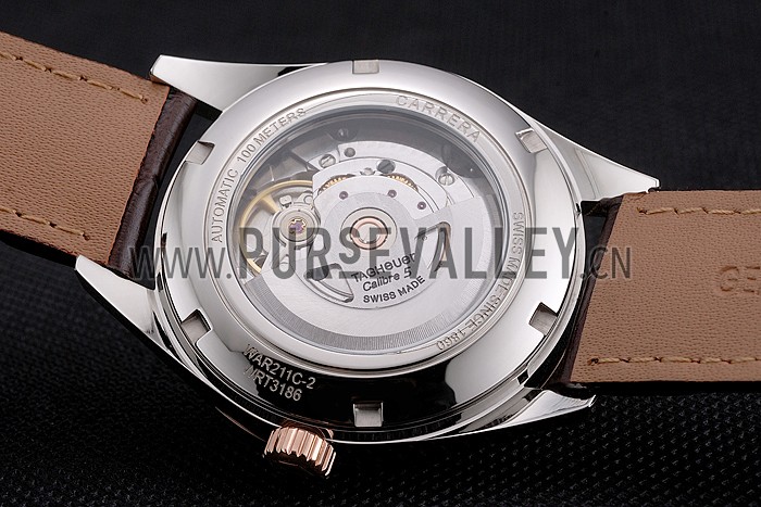Swiss Tag Heuer Carrera Calibre 5 White Dial Rose Gold Case Brown Leather Strap