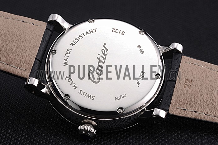 Cartier Rotonde White Dial Stainless Steel Case Black Leather Strap 622757